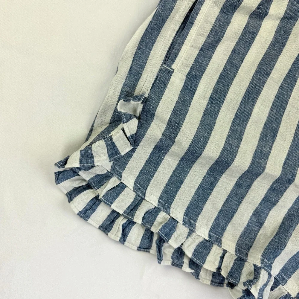 beachlunchlounge Striped Ruffle Hem Linen Shorts in Blue & White Size Large EUC